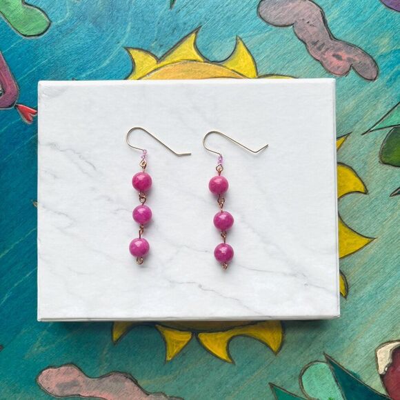 Fuschia Pink Round Marble Stone Bead Dangle Drop Earrings - Picture 5 of 5